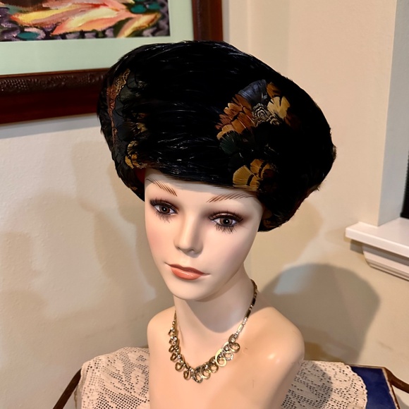 Pheasant Feather Hat / MCM High Fashion or Costume Hat of Black & Brown Feathers - Picture 2 of 14